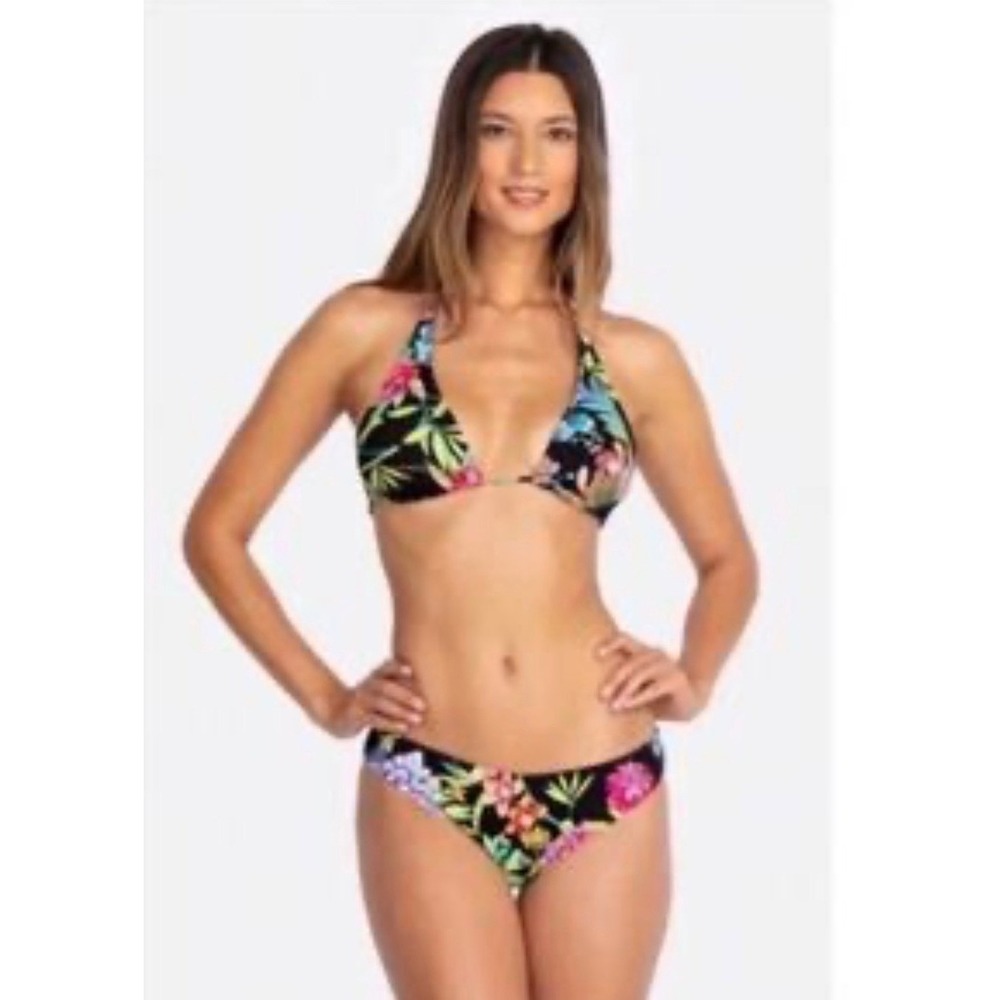 Johnny Was California Floral Bikini Set Black Tropical Triangle top sz S halter